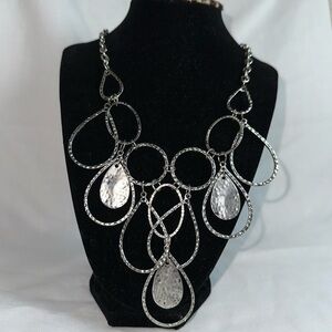Silver Hammered Teardrop Statement Necklace Layered Bold